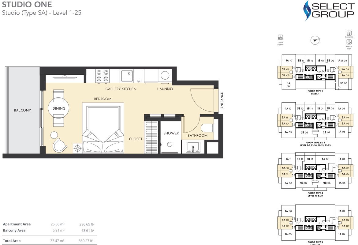 Studio One Apartments at Dubai Marina | Select Group Floor Plan 1