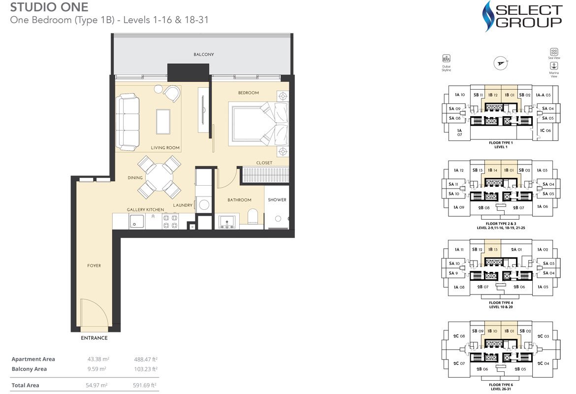 Studio One Apartments at Dubai Marina | Select Group Floor Plan 2